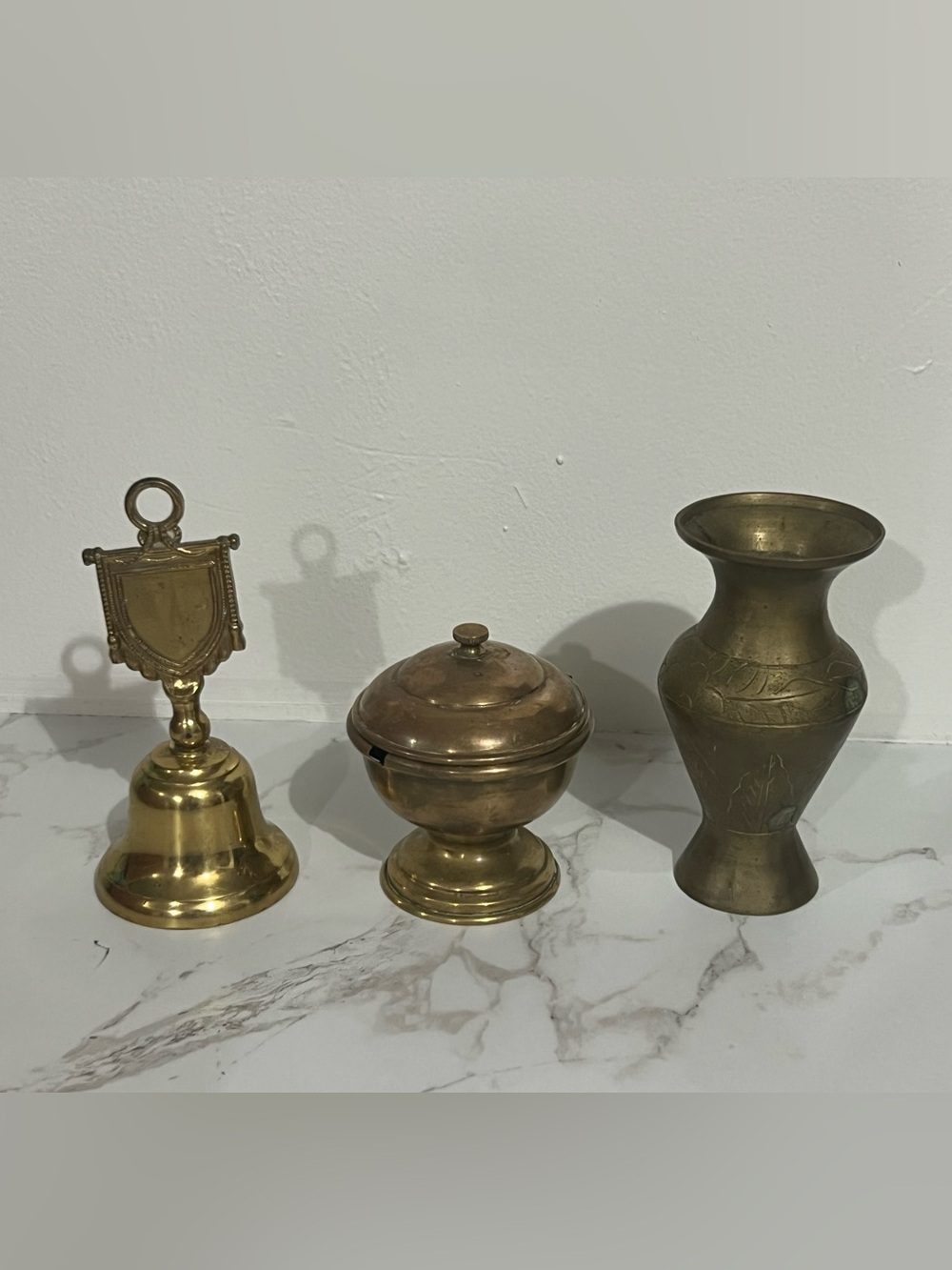 Brass Decorative Bell, Incense Bowl, and Etched Vase Set - Vintage Brass